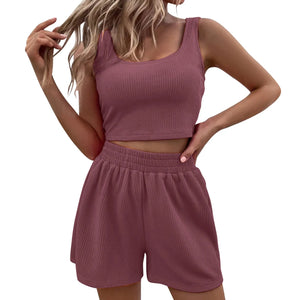 Two Piece Shorts Set Women Outfit Trendy Solid Color Sleeveless Camisoles Wide Leg Trunks Shorts Suit Casual Retro Sportswear