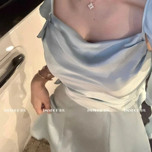 Elegant Satin Mini Dress Women Fairy Party Prom Spaghetti Strap One Pieces Dresses Summer Ladies Vintage Korean Bodycon Vestidos