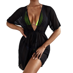 Sexy Tassels Tem Sheer Mesh Cover Ups Swimsuit Women Short Sleeve Y2k Swimwear Luxury Cover Up Solid Beach Mujer купальник Swim