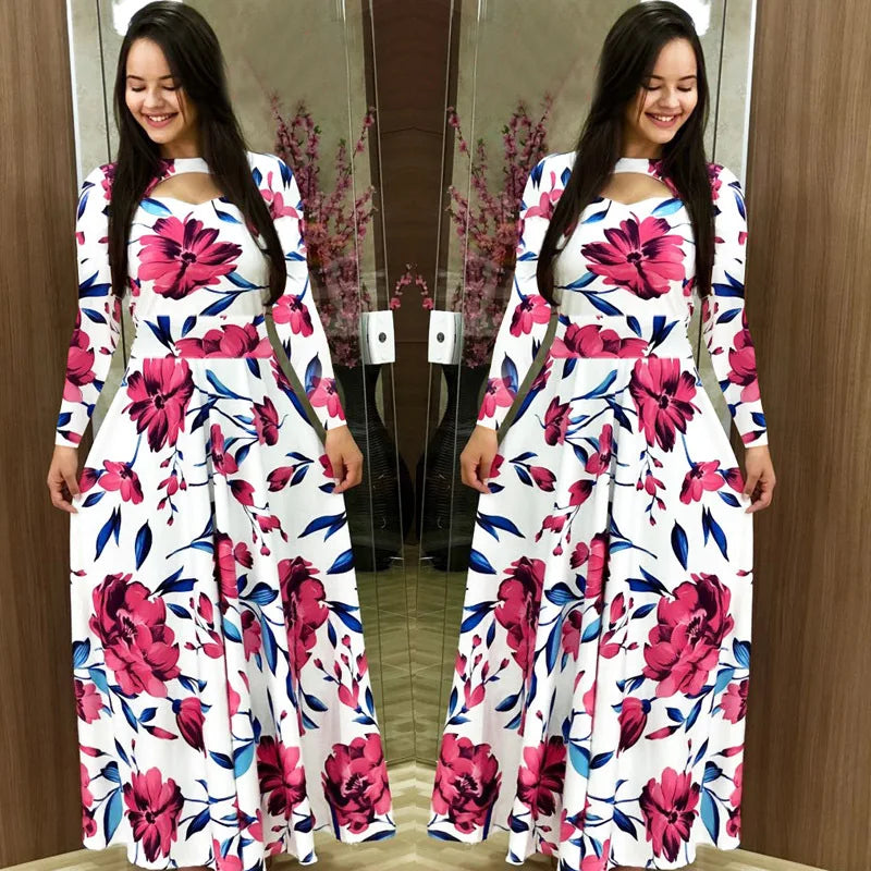 Women's Autumn Printed Long Sleeved Slim Fit Vestido 2024 Fashion Round Neck Flower Hollow Maxi Dresses Roupas Mujer 5XL