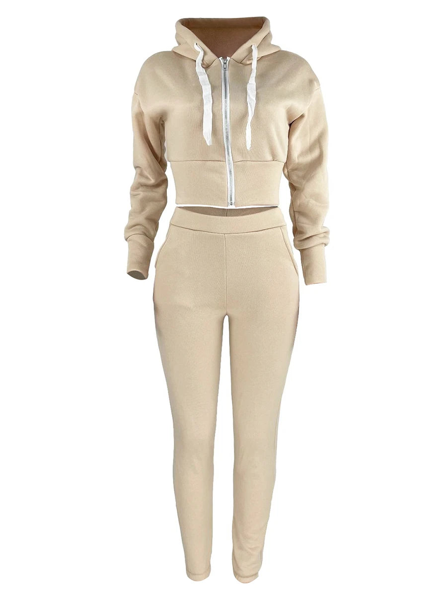 LW Casual Two Piece Sets long sleeve Hooded Collar Zipper Design top coat & pants set Autumn winter Jogger Tracksuit Set