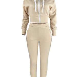 LW Casual Two Piece Sets long sleeve Hooded Collar Zipper Design top coat & pants set Autumn winter Jogger Tracksuit Set