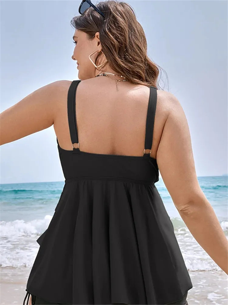 2024 Plus Size Two Piece Tankini Set Woman Swimsuit Knotted Front Ruffle Swim Dress Abdomen Control Chubby Swimwear 2 Pieces Wine Red / XXXL