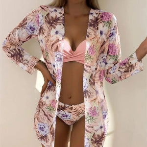 Floral Print 3 Pieces Swimsuit Women Strappy Bikini Set+Long Sleeve Blusas Cover-Up Swimwear Sexy Low Waist Push Up Bathing Suit