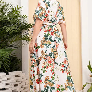 plus size New best-selling oversized loose V-neck dress for women with elastic waist  short sleeved printed long skirt