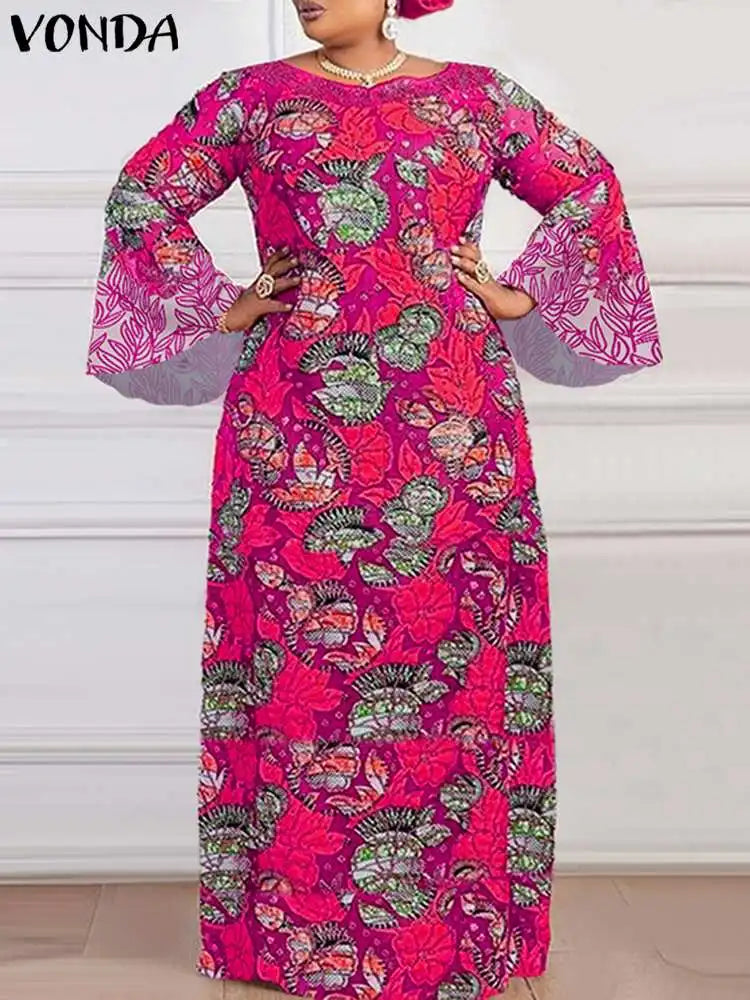 Plus Size 5XL VONDA 2024 Maxi Sundress Women Autumn Long Flare Sleeve Floral Printed Bohemian Dress Elegant Casual Loose Robe