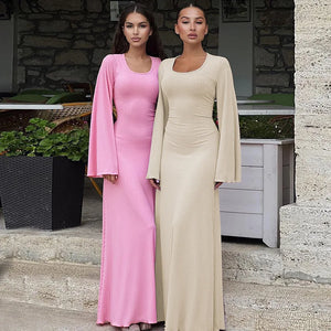 Tossy Scoop Neck Lace-Up Ribbed Maxi Dress Female Long Sleeve Fashion Slim Loose Bandage Dress Autumn 2023 Solid Women Dress New