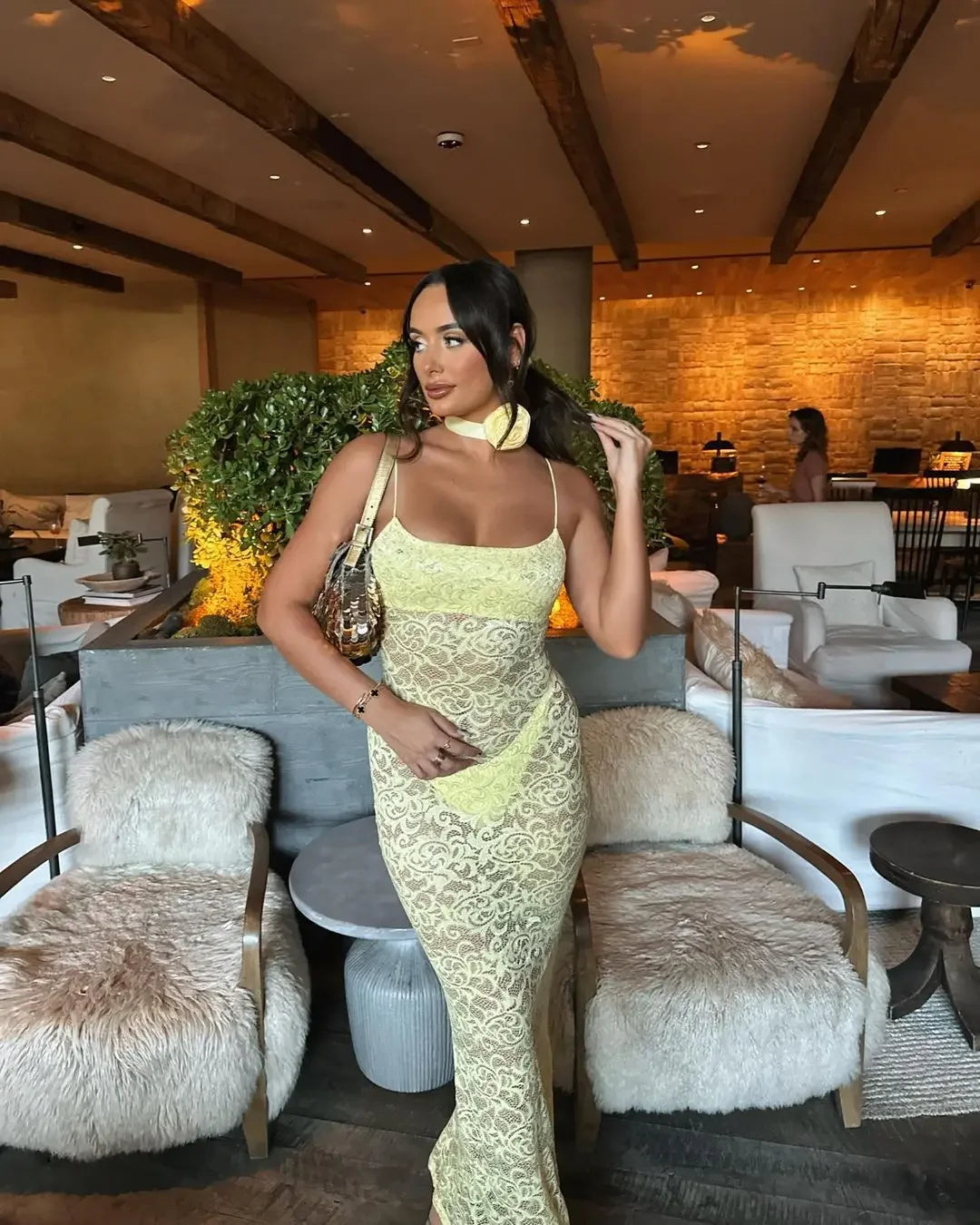 Yellow Lace Maxi Dress Women Fashion Spaghetti Strap Long Evening Party Dresses Sexy See Through Club Night Summer Dress 2024