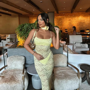 Yellow Lace Maxi Dress Women Fashion Spaghetti Strap Long Evening Party Dresses Sexy See Through Club Night Summer Dress 2024