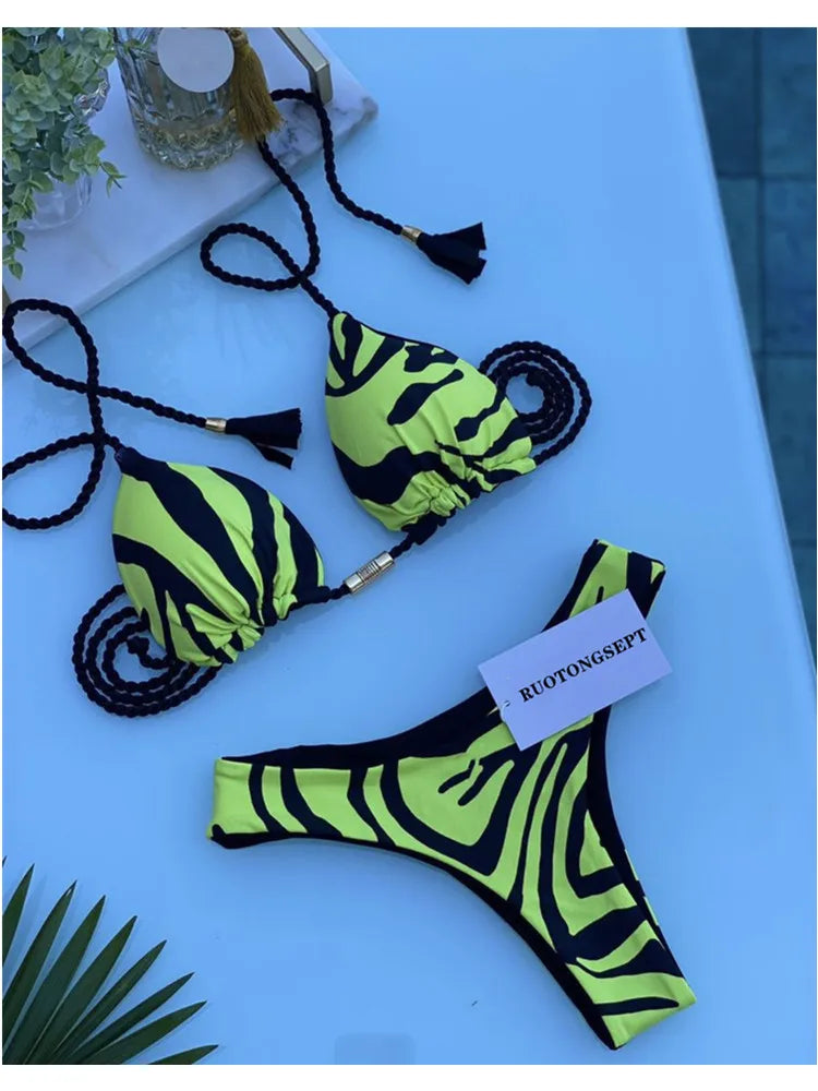 Women Low Cut Bikini Sets Ladies Huge Rope Swimsuit Sexy Push Up Two Pieces Bathing Suits 2022 Summer Micro Swimwear