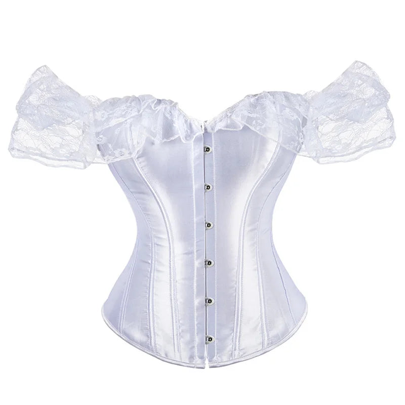 Women Lace Short Sleeve Satin Overbust Corset Sexy Lingerie Body Shaper Corsets Tops White/Black Plus Size S-6XL