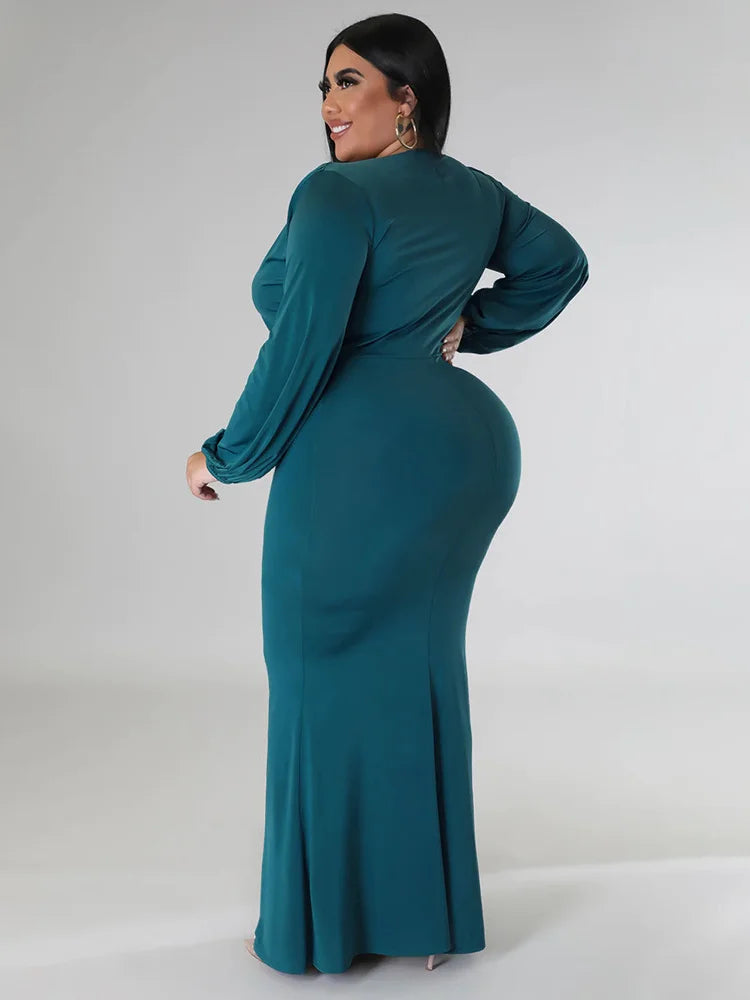 Wmstar Plus Size Party Dresses for Women Long Sleeve Stretch Sexy V Neck Elegant Maxi Dress Fall Clothes Wholesale Dropshipping