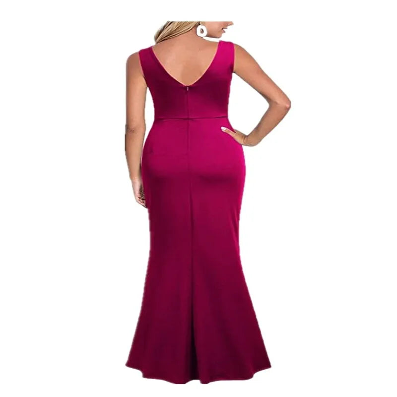 Women's Summer Sexy V-neck Halter Dress Slim Sleeveless Slit Long Dress Solid Color Fashion Dinner Party Temperament Dress