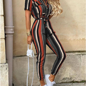 New Summer Jumpsuit Women Elegant Casual Lapel Buckle Printed Female Jumpsuit Woman Trousers Playsuit Overalls Bodysuit Romper