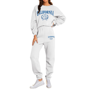 Women'S Two Piece Sweatsuit Long Sleeve Crew Neck Tracksuit Jogger Pants Set With Pockets Printed Loose Sports Sweatshirt