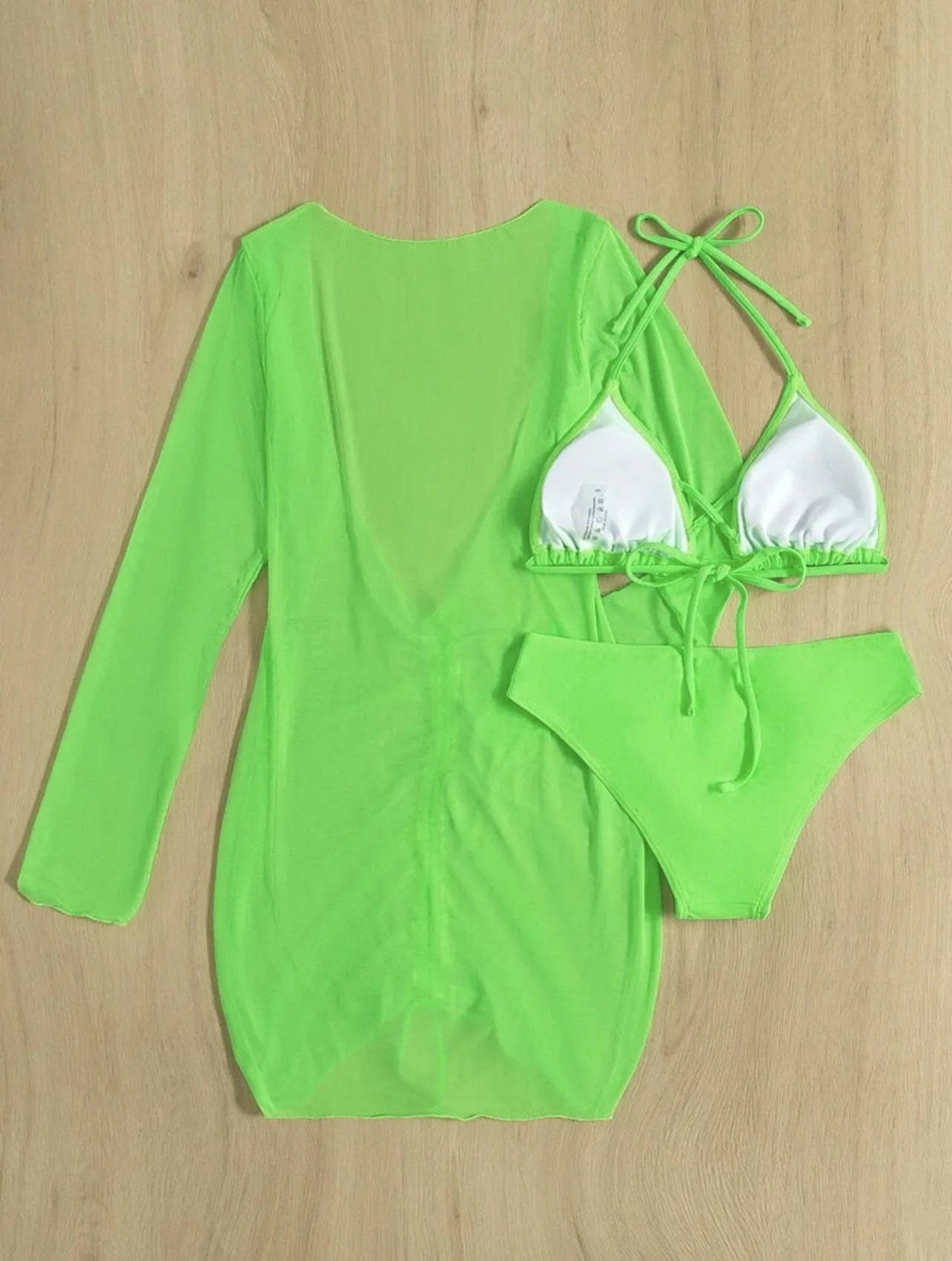 Long Sleeves Dress Bikini Set 2024 Women Neon Green Lace Up 3 Pieces Swimsuit Brazilian Bathing Suit Pleate Cover Up Swimwear