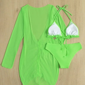 Long Sleeves Dress Bikini Set 2024 Women Neon Green Lace Up 3 Pieces Swimsuit Brazilian Bathing Suit Pleate Cover Up Swimwear