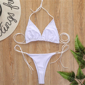 Sexy Halter Mini Bikini Female Swimsuit Women Swimwear Two-pieces Bikini set Luxury Pearl Bather Bathing Suit Swim Lady V2090