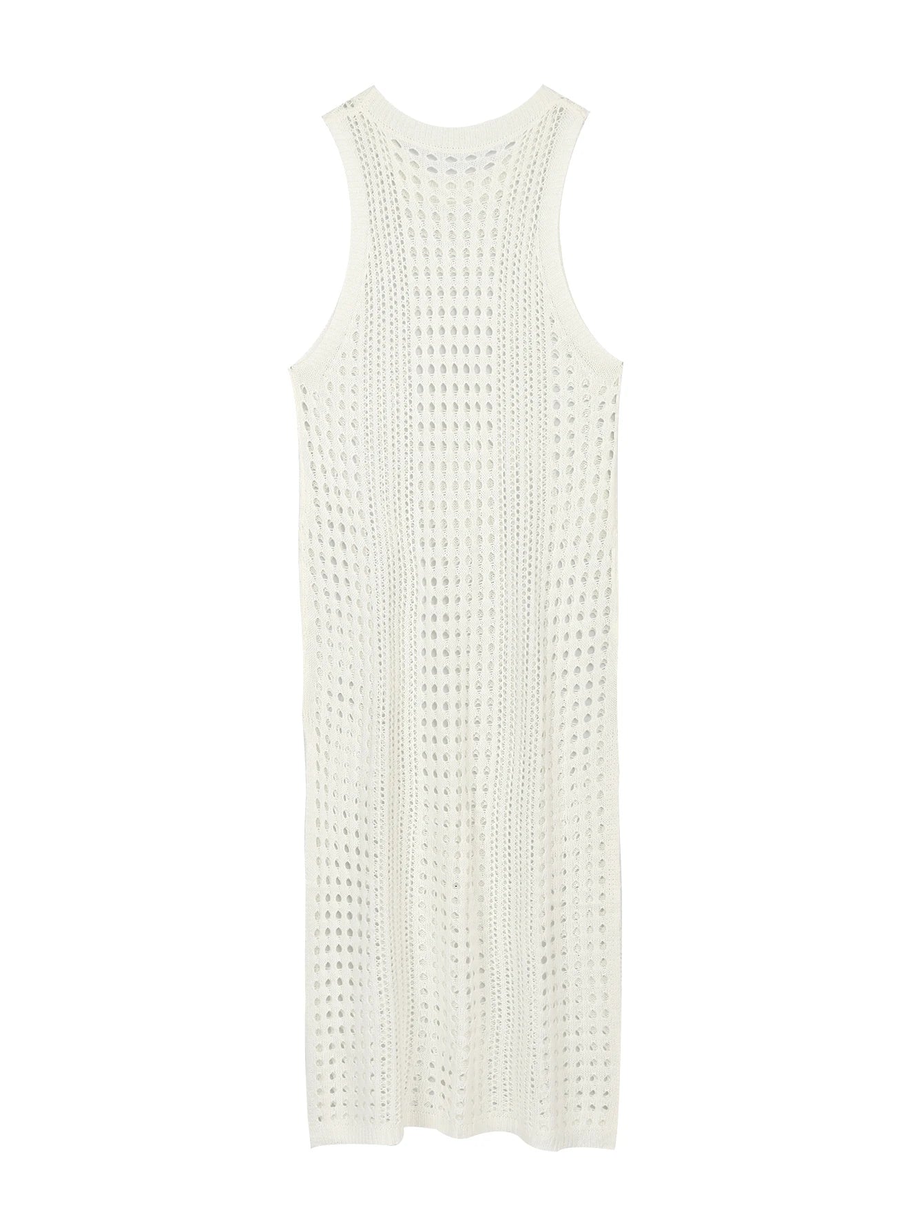 White Crochet Mesh Sleeveless Slit Wrap Beach Dress 2023 Autumn Woman Sexy Hollow Out Knitted Beachwear Swimsuit Cover-ups Q1513