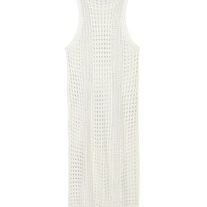 White Crochet Mesh Sleeveless Slit Wrap Beach Dress 2023 Autumn Woman Sexy Hollow Out Knitted Beachwear Swimsuit Cover-ups Q1513