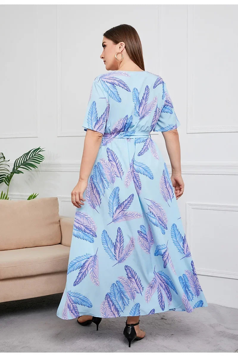 plus size New best-selling oversized loose V-neck dress for women with elastic waist  short sleeved printed long skirt