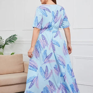 plus size New best-selling oversized loose V-neck dress for women with elastic waist  short sleeved printed long skirt