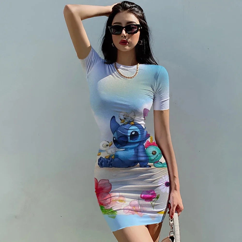 Elegant Dresses for Women 2024 Top Sexy Slim Fit Tight Women's Dress Casual Disney Stitch  Cartoon Fashion Print Mickey S-5XL