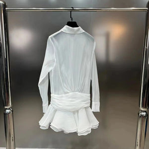 TARUXY White Chiffon Mini Dress For Women Casual Loose Oversized Pleated Mini Dress See-through Summer Beach Elegant Shirt Dress