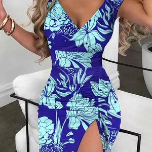 Summer Women Print Dress Fashion Casual Elegant V-neck Sleeveless Bodycon Beach Party Dresses Robe Femme 2024 New Vestidos