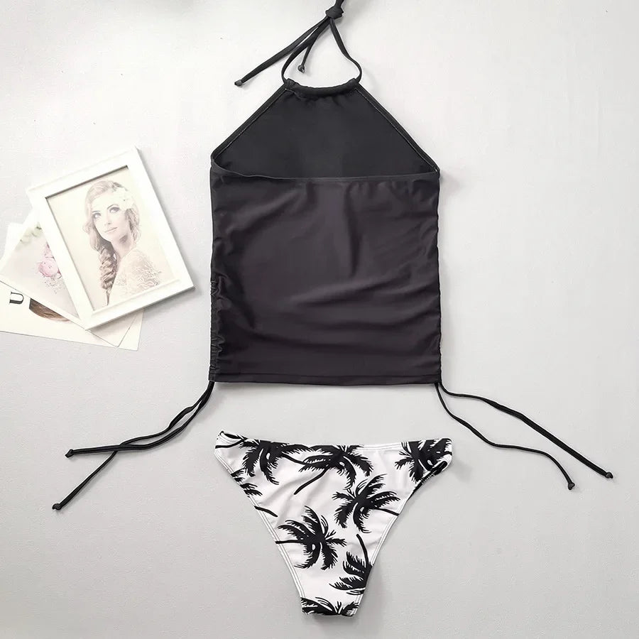 Women 2 Pieces Swimsuit Coconut Tree Print Swimwear Sexy Halter Lace-Up Swimwear Drawstring Bikini Top Push Up Beachwear Tankini