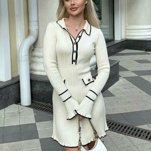 Tossy Ruffled Fashion Knit Dress Women Autumn Ribbed Contrast Long Sleeve High Waist Lapel Gown Dress Knitwear Ladies Maxi Dress