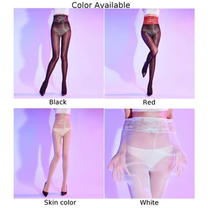 Sexy Lingerie Women Pantyhose Lace Highwaist Stocking Oil Shiny Ultra-Thin Sheer