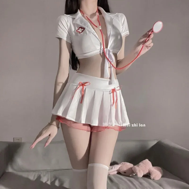 Erotic Nurse Uniform Adult Sex Hot Dress Cosplay Girls Porn Costumes Deep-V Neck Nightdress Angel In White Women Sexy Lingerie