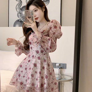 Dress Women Aesthetic Slim Floral A-line Spring Sweet Designed Vintage French Style Fashionable Gentle OL Leisure Holiday Temper