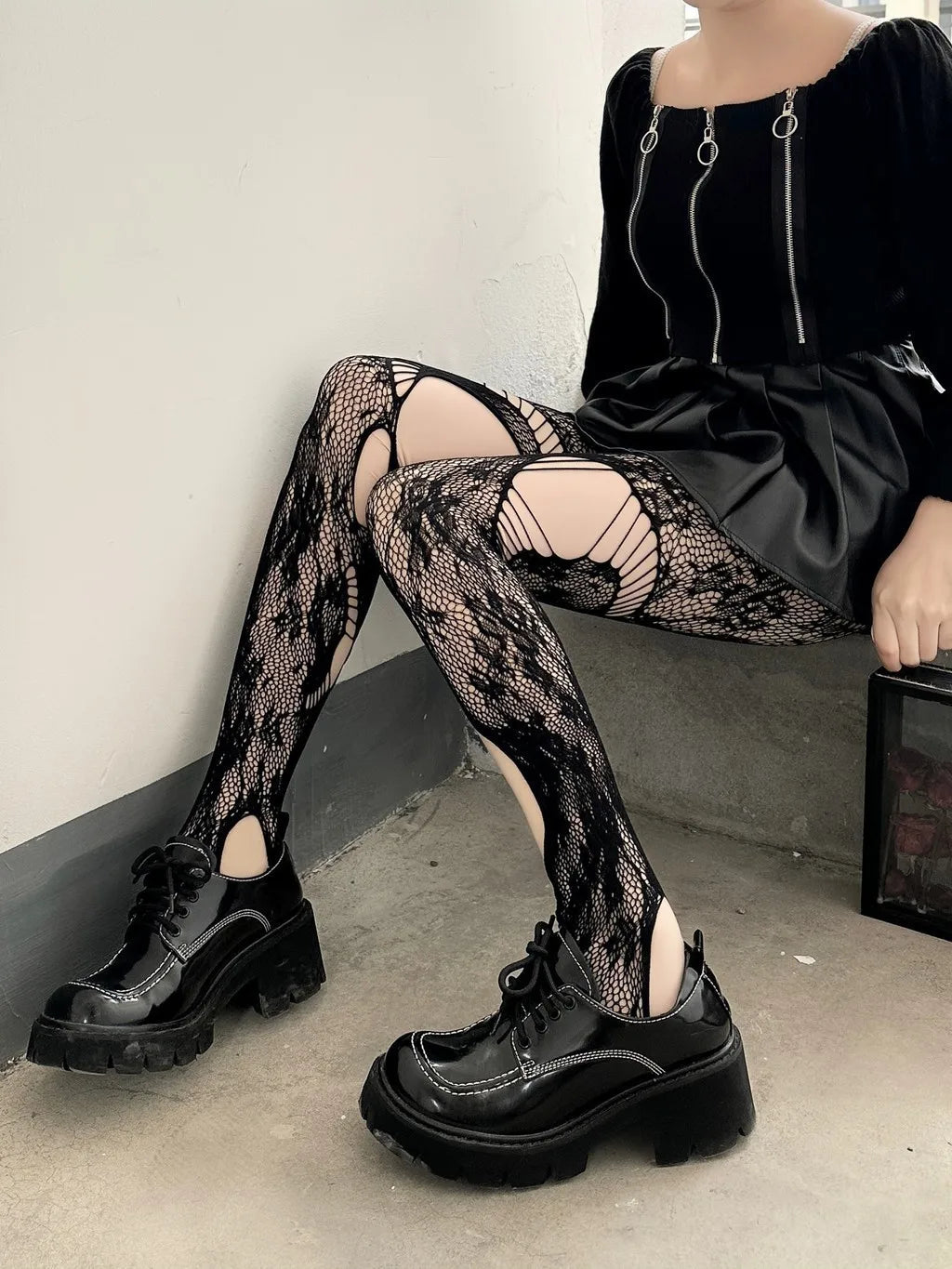 Gothic Fishnet Stockings Lolita Mesh Tights for Women JK Y2k Netting Hollow Out Pantyhose with Pattern Leggings Sexy Lingerie