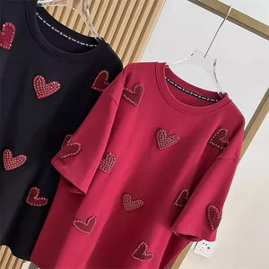 Plus Size 3D Love Towel Embroidery Women T-shirts 150kg XL-4XL Stamping Diamonds Female Tee 2024 Summer New Short Sleeve Top Y2k