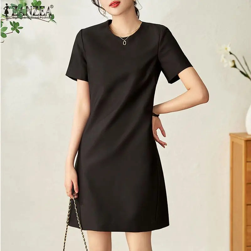 ZANZEA Summer Fashion OL Work Dress Woman Short Sleeve O-Neck Dresses Elegant Solid Knee Length Robe Casual Street Sundress 2023