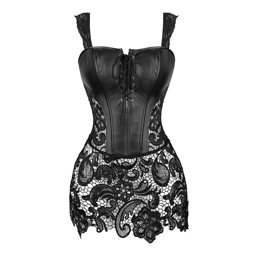 Sexy Burlesque Lingerie Gothic Faux Leather Steampunk Corset Plus Size Black Lace Bustier Overbust Corsage Korsett Corsets Top