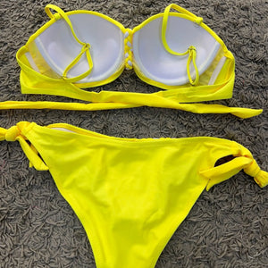 Yellow Backless Bandeau Swimwear Bikini Brazilian 2024 Push Up Bikinis Set Women Sexy Solid Swimsuit Bathing Suits 3XL