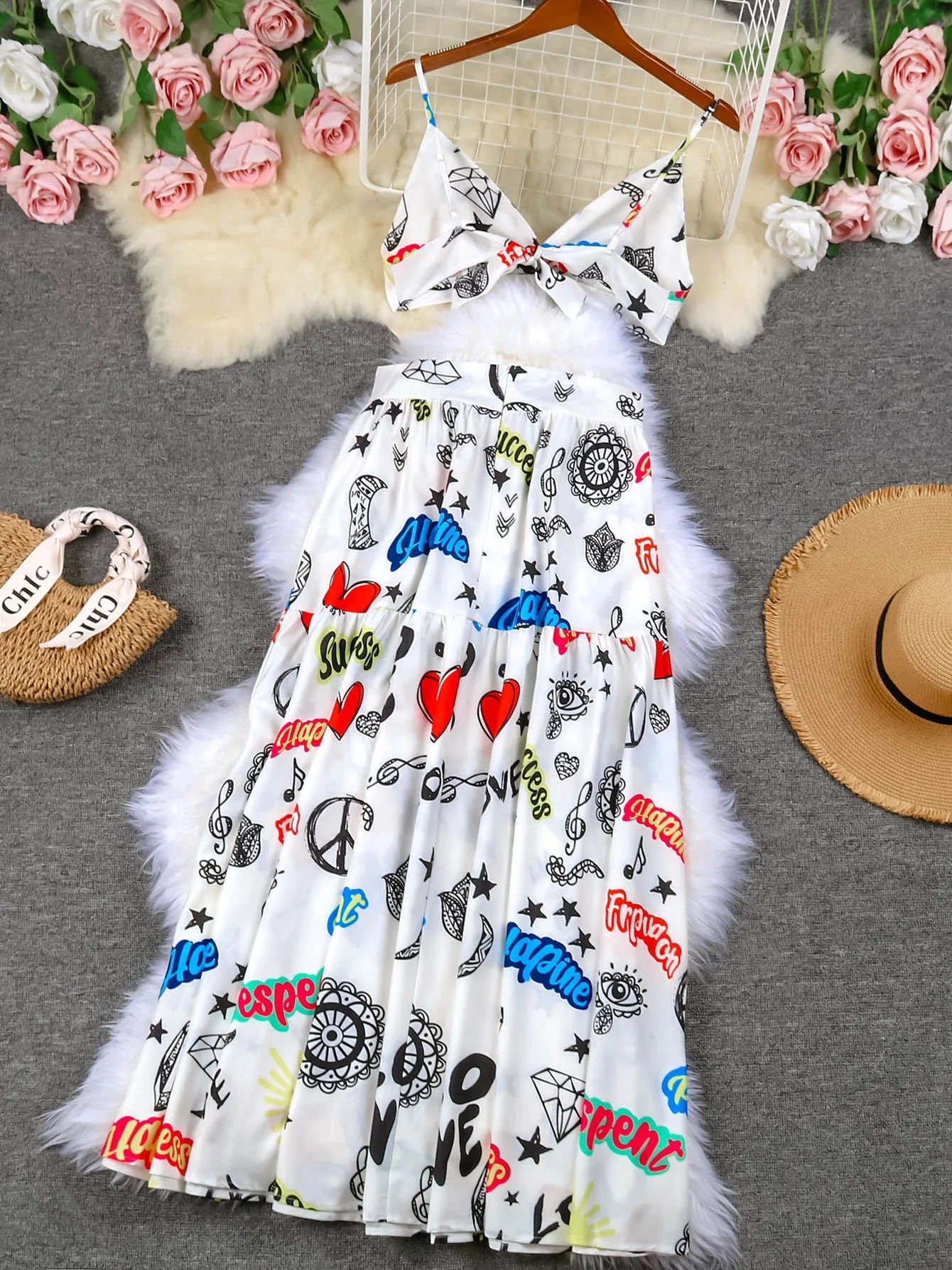 Dress Women Summer V Neck Spaghetti Strap Floral Sleeveless Casual Split Long Maxi Dress Halter Cover Up