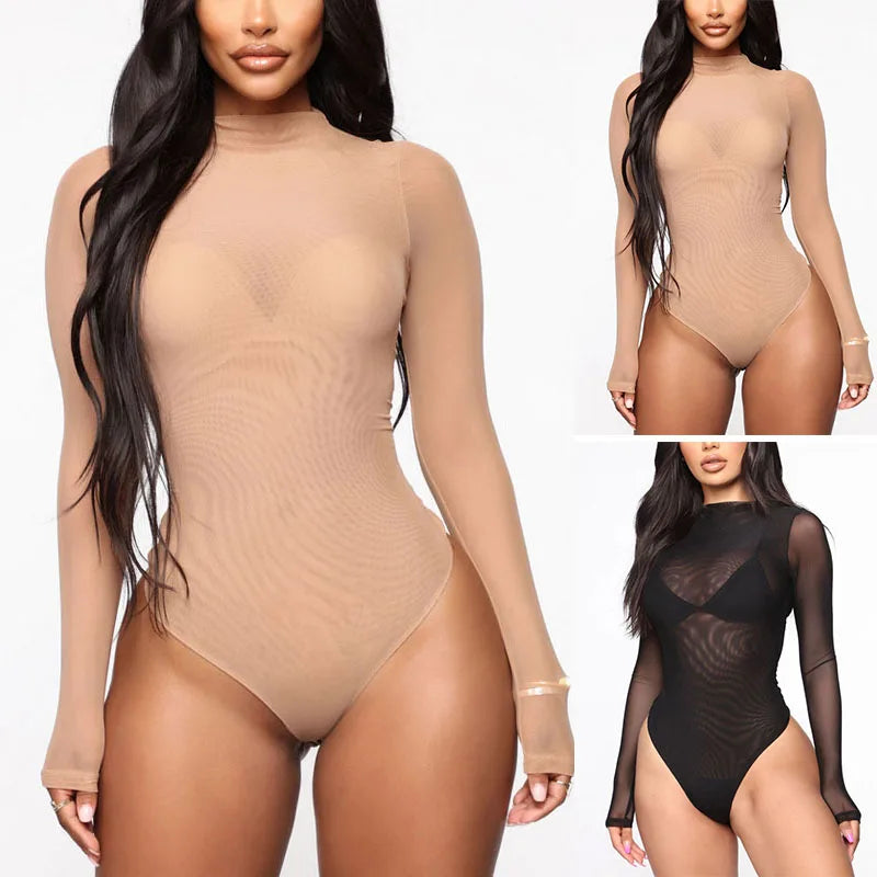 Sexy Women Transparent Bodysuit Solid Color Long Sleeve Party Club Jumpsuits Fashion Bodysuits Female Clothing