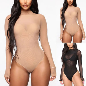 Sexy Women Transparent Bodysuit Solid Color Long Sleeve Party Club Jumpsuits Fashion Bodysuits Female Clothing