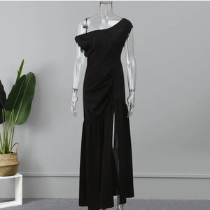 Women Straight Line Collar Dresses Short Sleeves Long Skirt Fashionable One Line Neck Split Floor Sweeping Holiday Sexy Dress