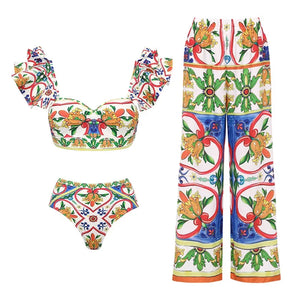 Retro Bikini Printed Fashion Two Piece Swimsuit And Cover Up With Pants Tight Women's Bandage Summer Beach Luxury Elegant