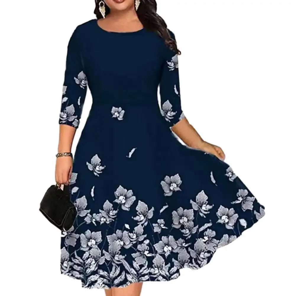 Women Dress Summer O-neck 3/4 Sleeve Midi Dress Plus Size Butterflies Printing Waist Tight Loose Hem Casual Dress Streetwear