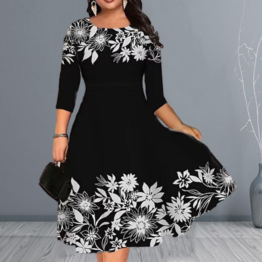 Women Dress Summer O-neck 3/4 Sleeve Midi Dress Plus Size Butterflies Printing Waist Tight Loose Hem Casual Dress Streetwear