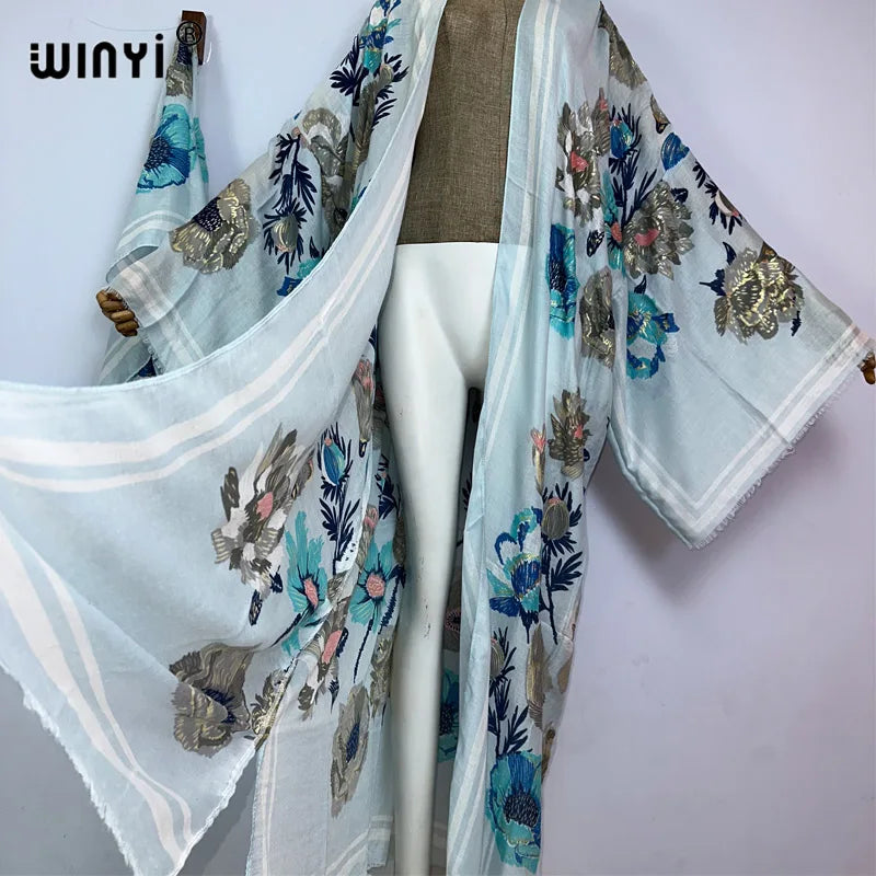 WINYI Bohemian bronzing print Bikini Cover-ups Elegant Self Belted Kimono Dress Women Summer holiday Dress Beach Wear Cover up