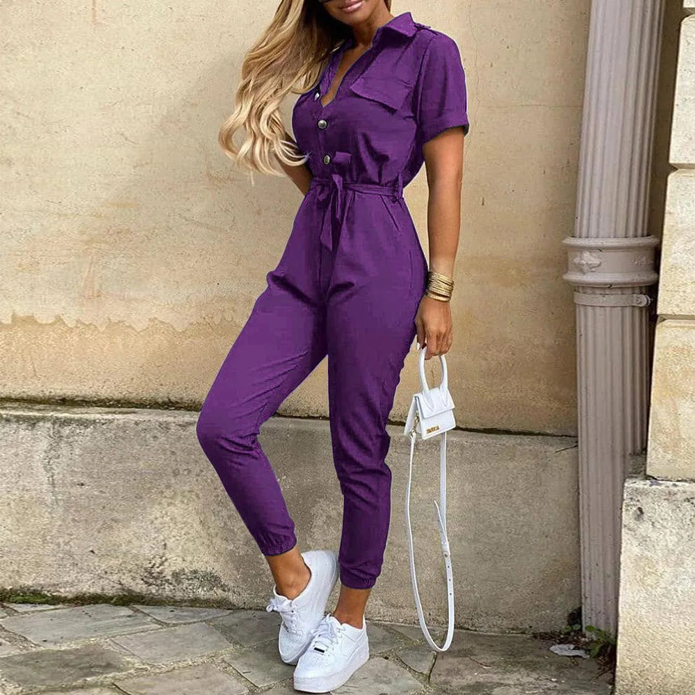 New Summer Jumpsuit Women Elegant Casual Lapel Buckle Printed Female Jumpsuit Woman Trousers Playsuit Overalls Bodysuit Romper