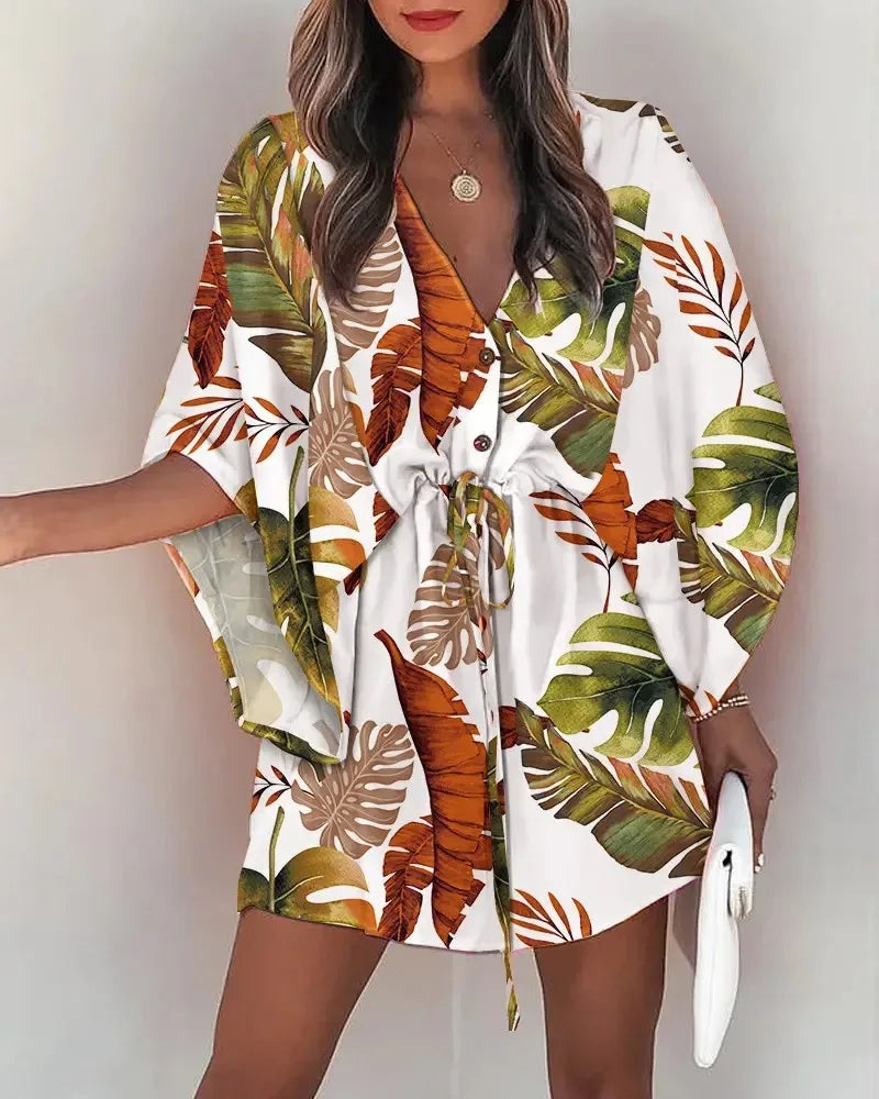 Summer Casual Dress Women Fashion Flying Sleeve V-neck Print Beach Party Dresses Elegant Lace Up Mini Dress Robe Femme 2023 New