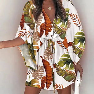 Summer Casual Dress Women Fashion Flying Sleeve V-neck Print Beach Party Dresses Elegant Lace Up Mini Dress Robe Femme 2023 New